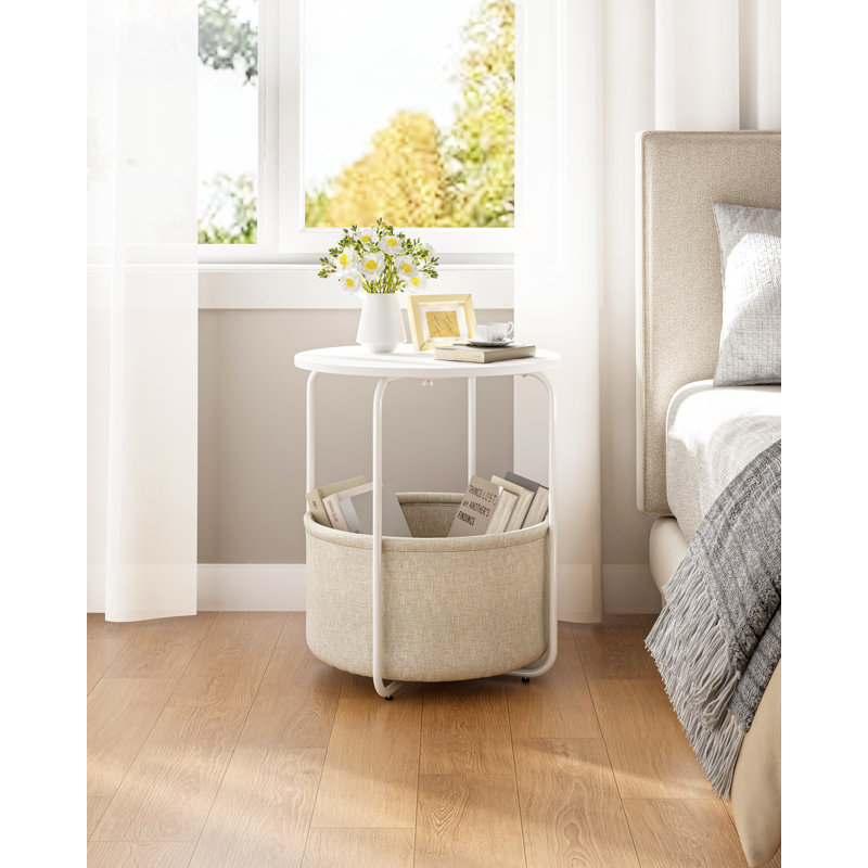 Marinus Round End Table Side Table for Living Room Small Bedside Table for Small Spaces Modern White Nightstand for Bedroom Nursery with Fabric